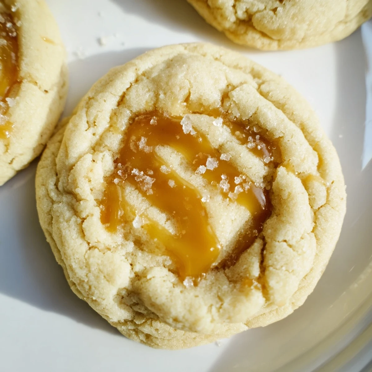 Batch of warm caramel cheesecake cookies arranged on a rustic parchment-lined baking sheet