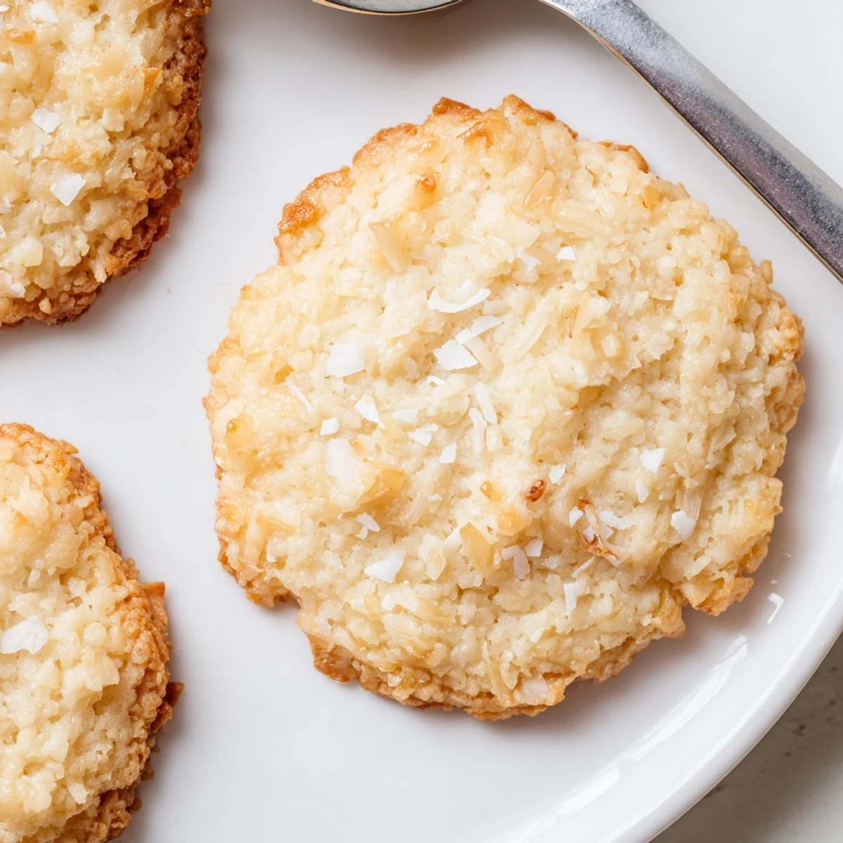 Soft buttery coconut cookies dusted with flakes beside a steaming mug