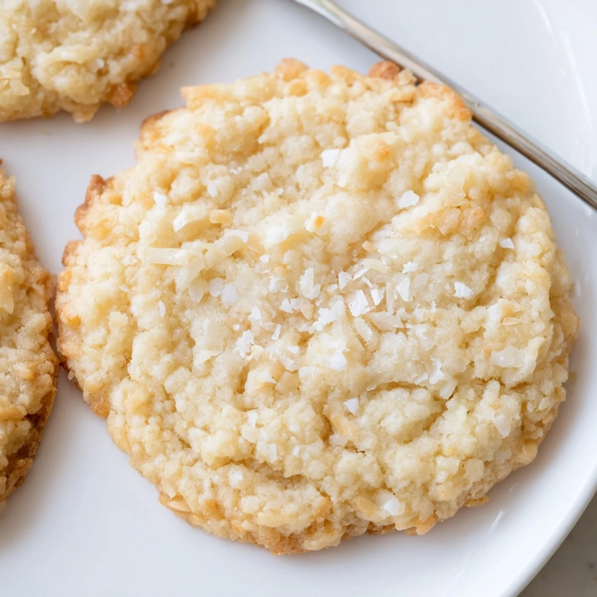 Golden coconut cookies with crisp edges and chewy centers on a cooling rack