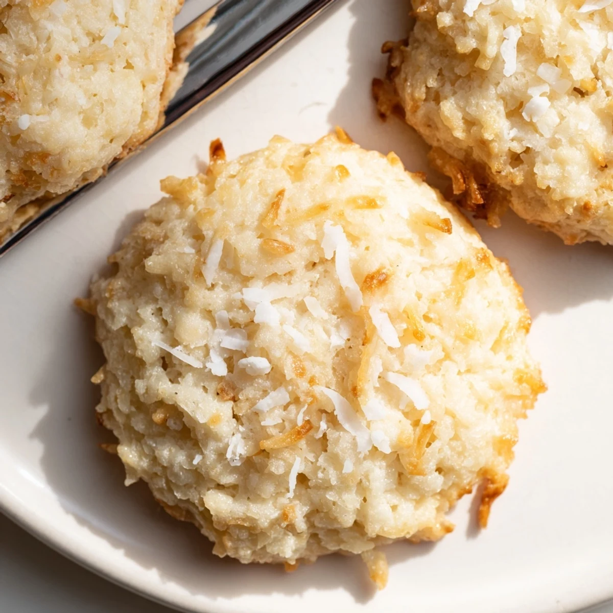 Piled soft coconut cookies with golden bottoms on a rustic parchment sheet