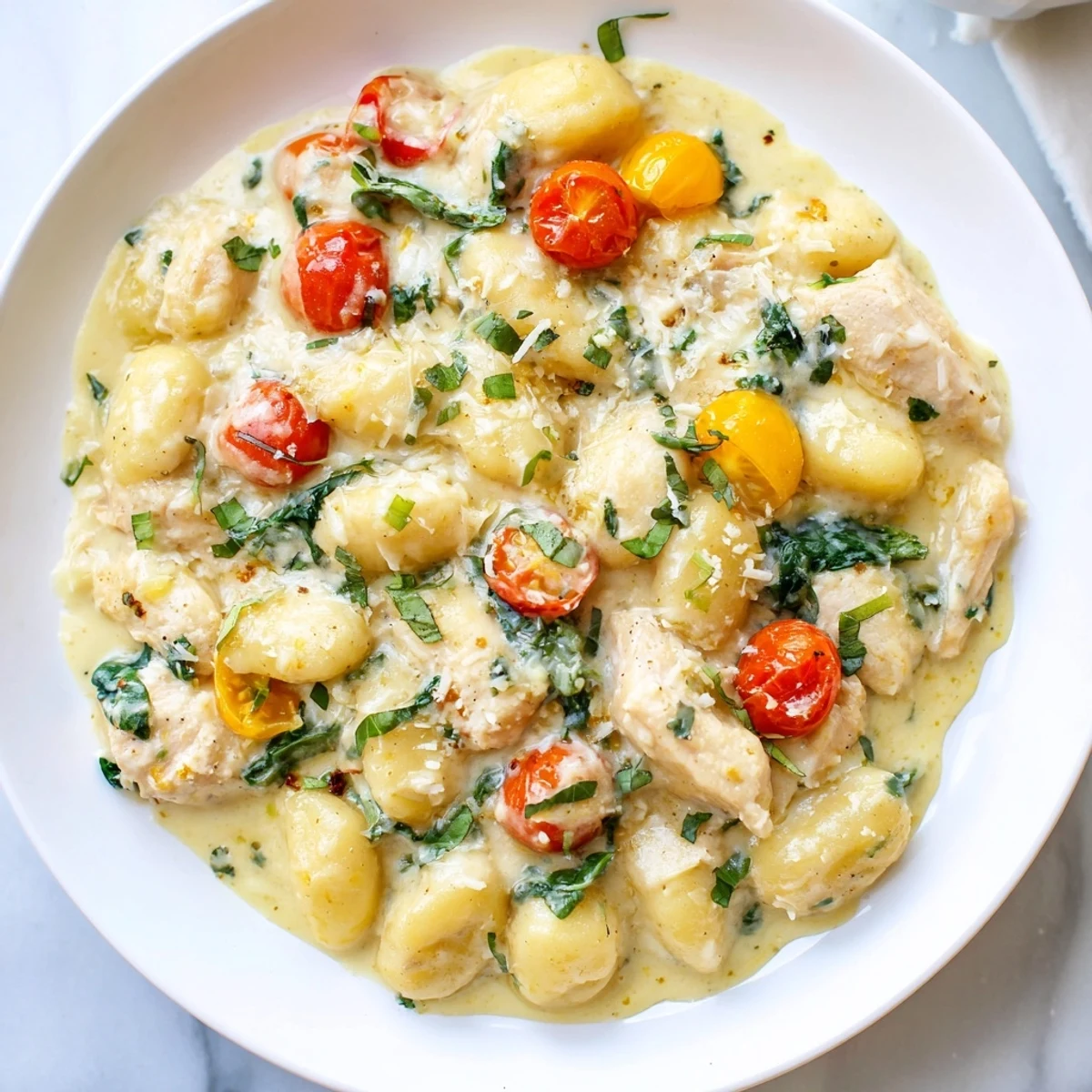 Golden seared chicken and pillowy gnocchi swim in a creamy herb sauce topped with fresh parsley.
