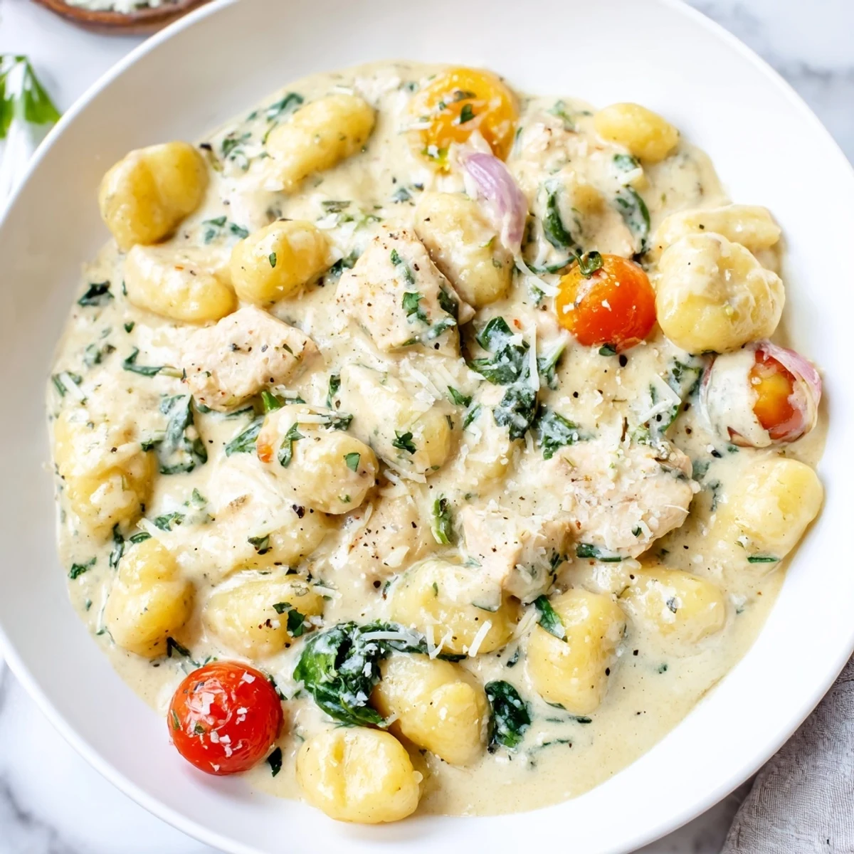 Creamy Herb Chicken Gnocchi Skillet served steaming in a cast iron pan with wilted spinach and Parmesan.
