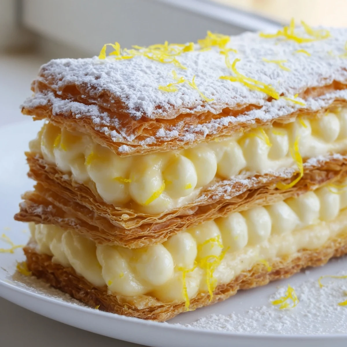 Creamy lemon ricotta filling layered between crisp puff pastry mille feuille with bright zest
