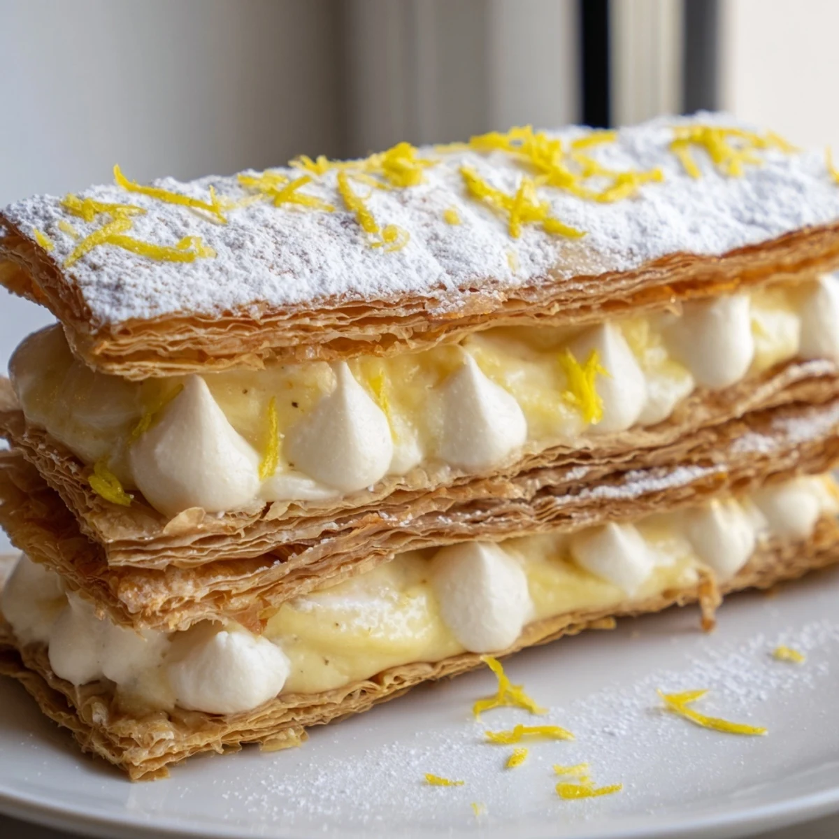 Golden flaky lemon ricotta puff pastry mille feuille dusted with powdered sugar on a rustic plate