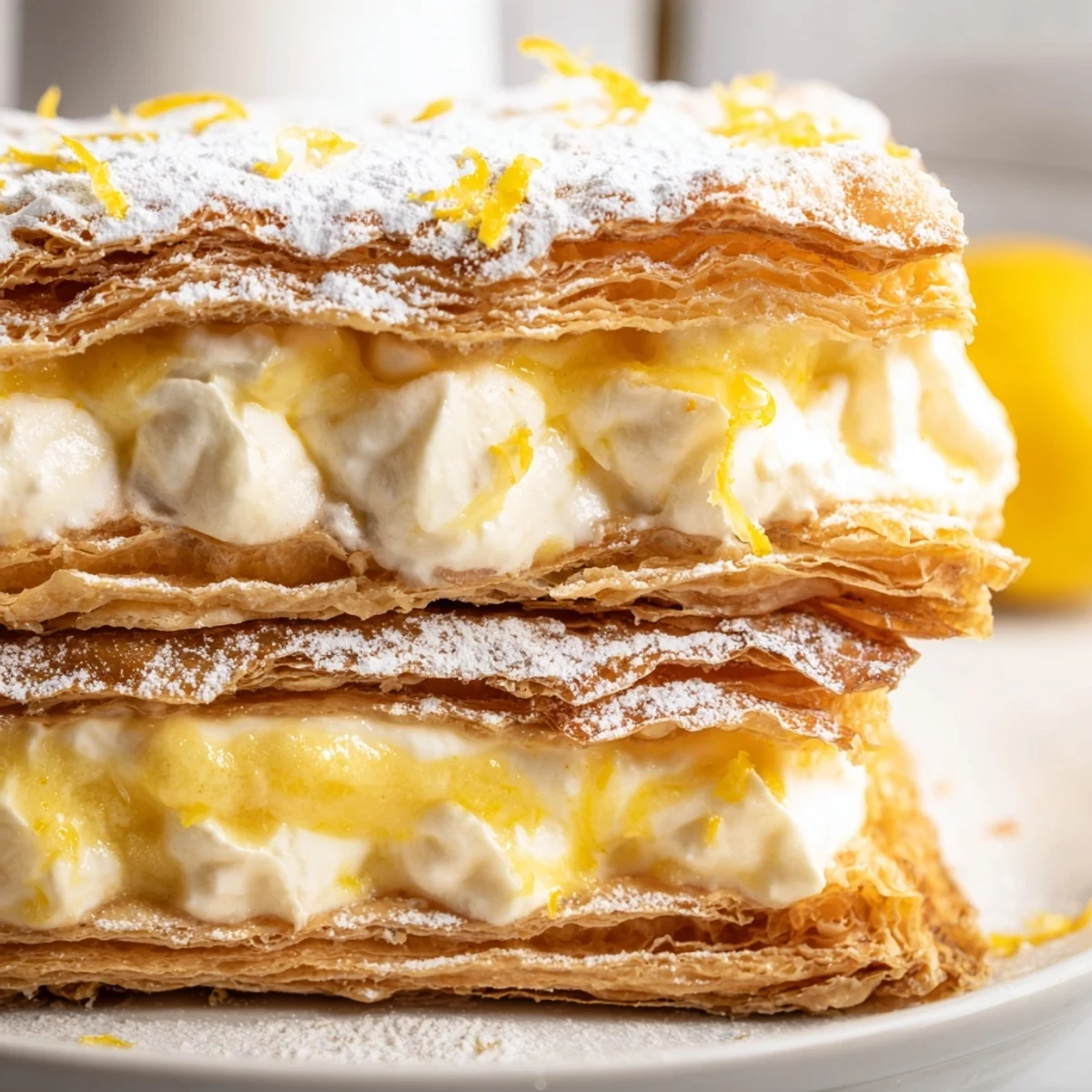 Elegant lemon ricotta puff pastry mille feuille stacked high and finished with snowy powdered sugar