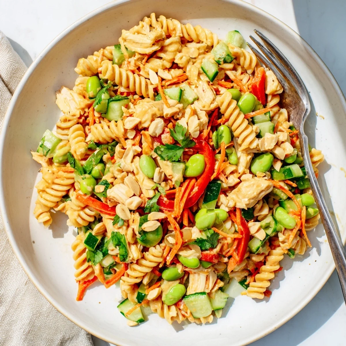 Colorful Protein Packed Thai Pasta Salad tossed in creamy peanut dressing with crisp vegetables