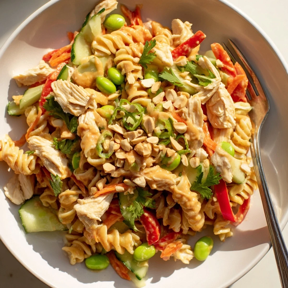Bowl of Protein Packed Thai Pasta Salad featuring juicy chicken edamame and fresh cilantro