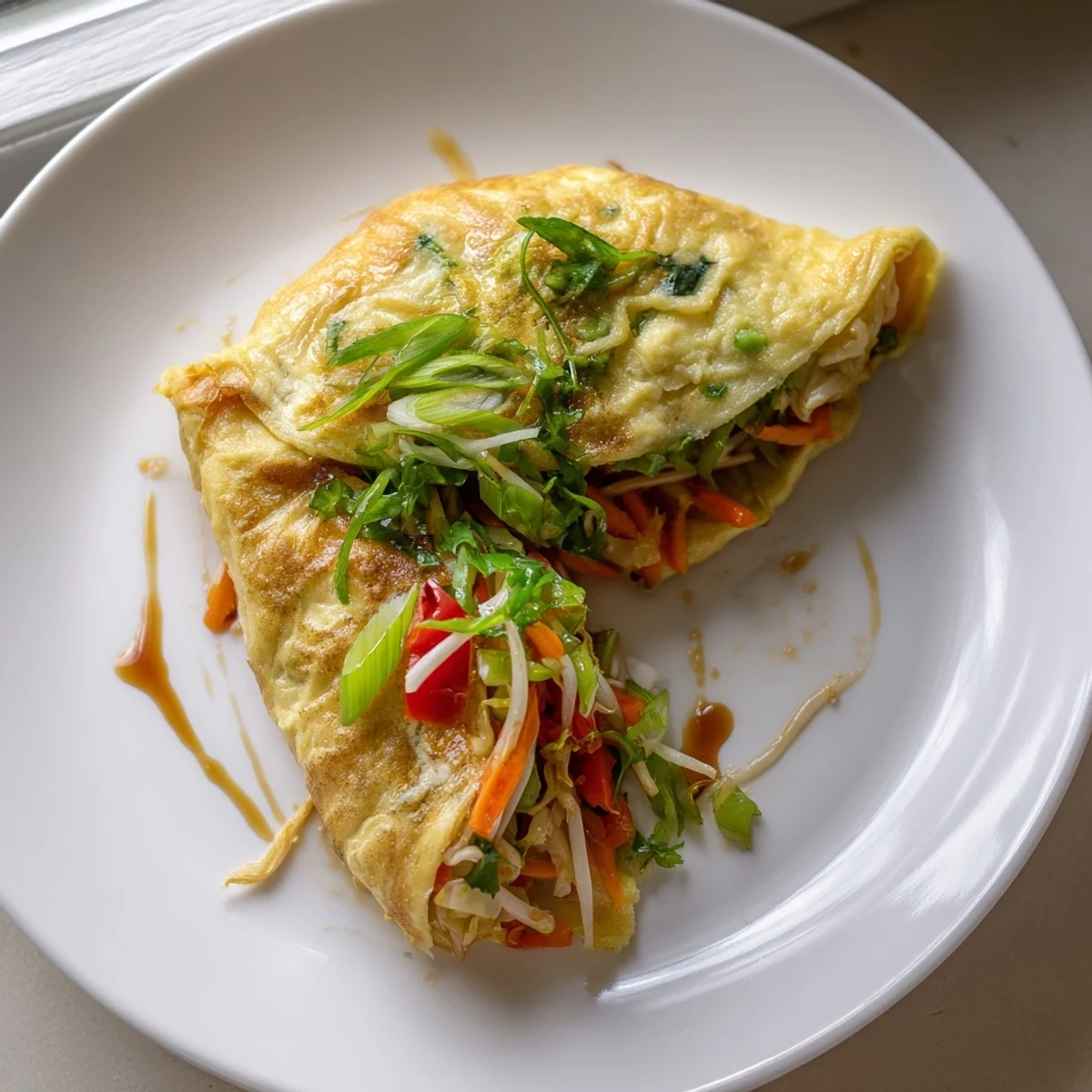 Golden Chinese omelette filled with colorful crisp vegetables and fresh scallions on a white plate