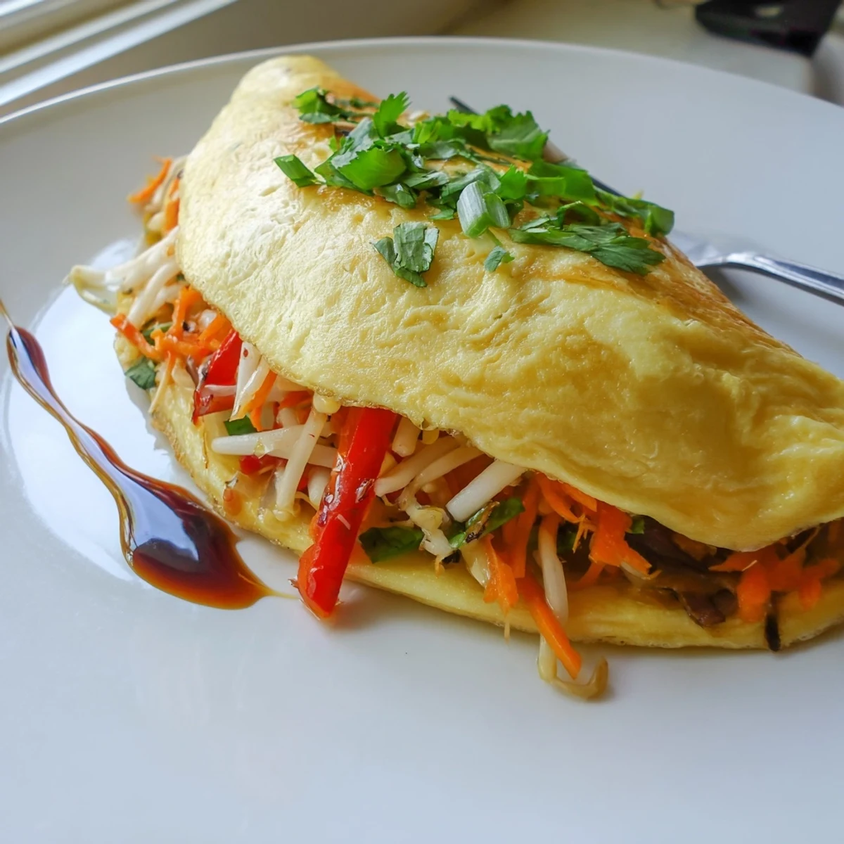 Fluffy Chinese omelette folded over tender bean sprouts, carrots, and bell pepper, garnished with cilantro