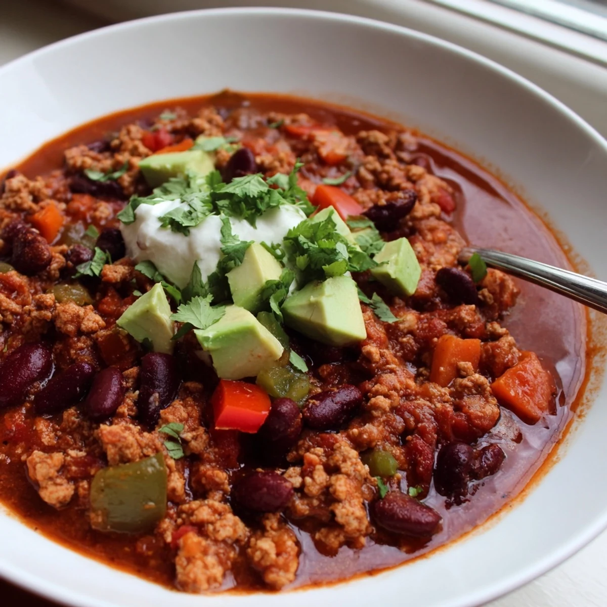 Steaming bowl of diabetic chili topped with fresh avocado and fragrant cilantro