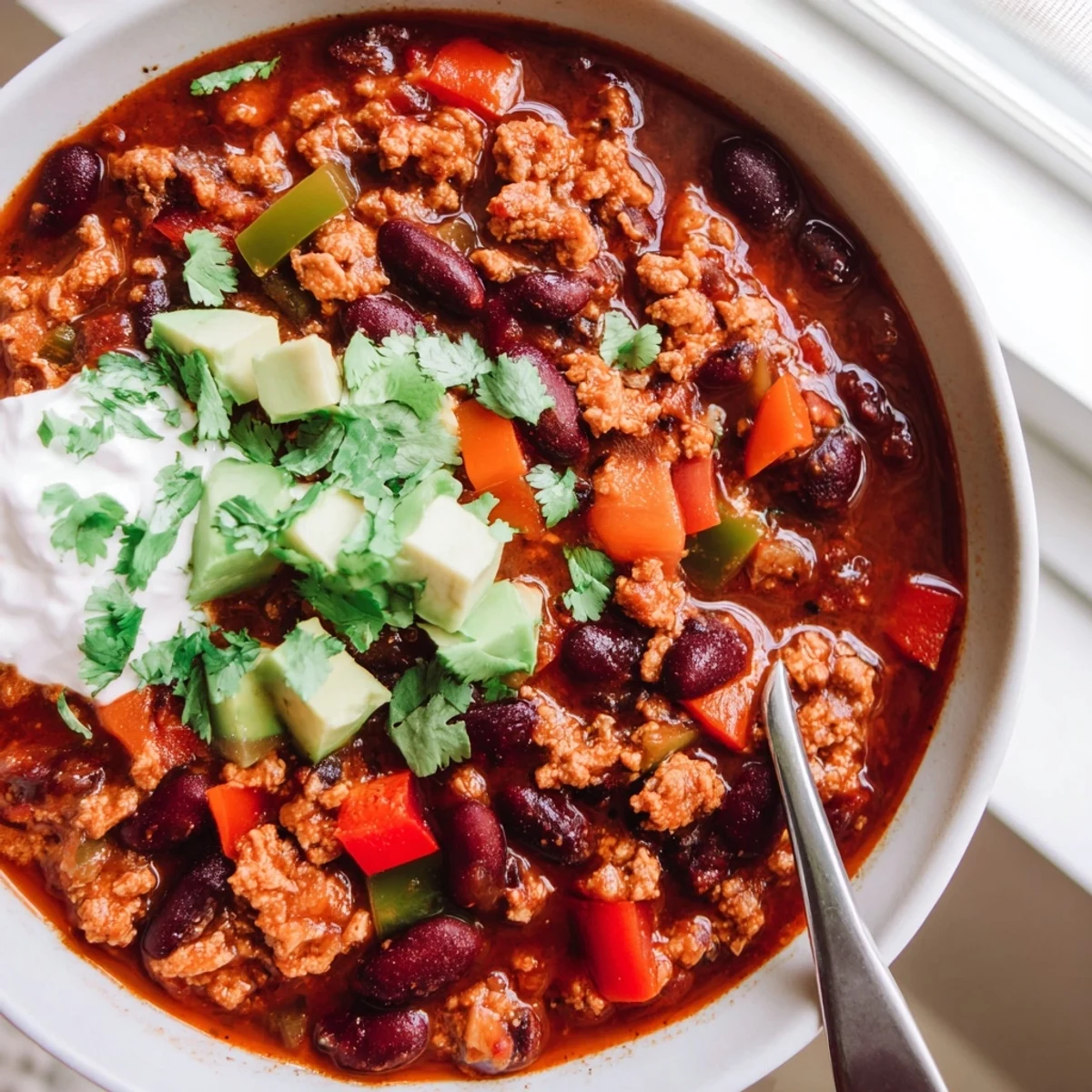 Thick hearty diabetic chili loaded with tender beans and colorful bell peppers