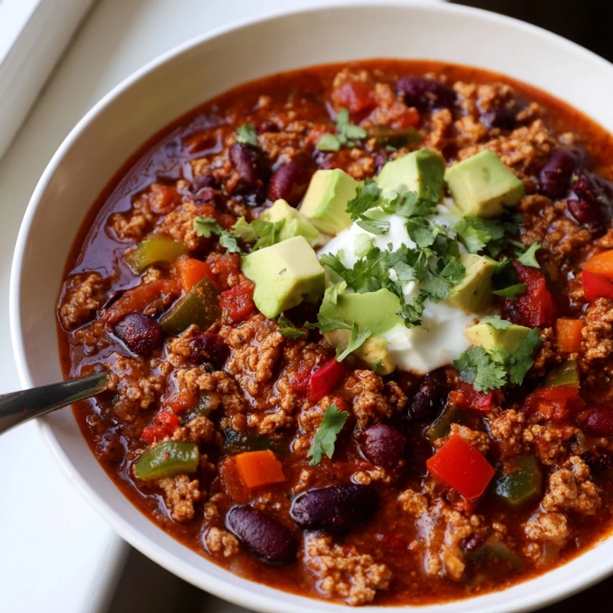 Rich diabetic chili simmered in a rustic Dutch oven with melted cheddar shreds