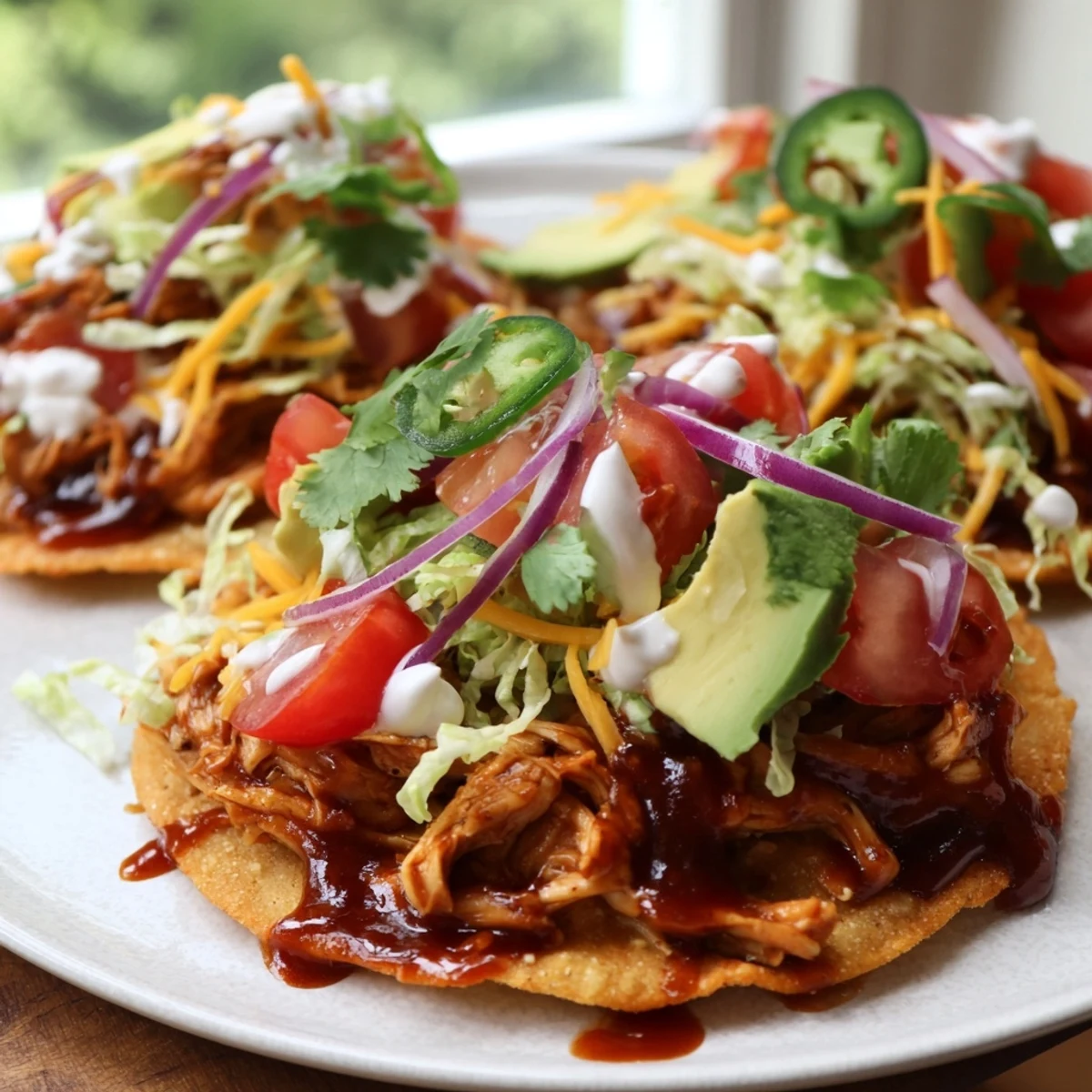 Crispy sweet smoky BBQ chicken tostadas piled high with melted cheddar and fresh avocado slices