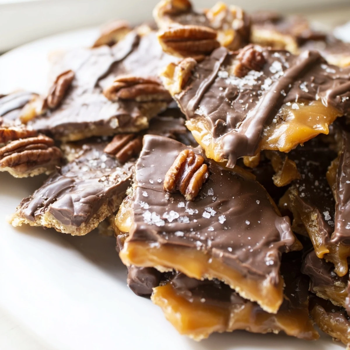 Glossy pecan pie bark with melted chocolate and toasted nuts on parchment
