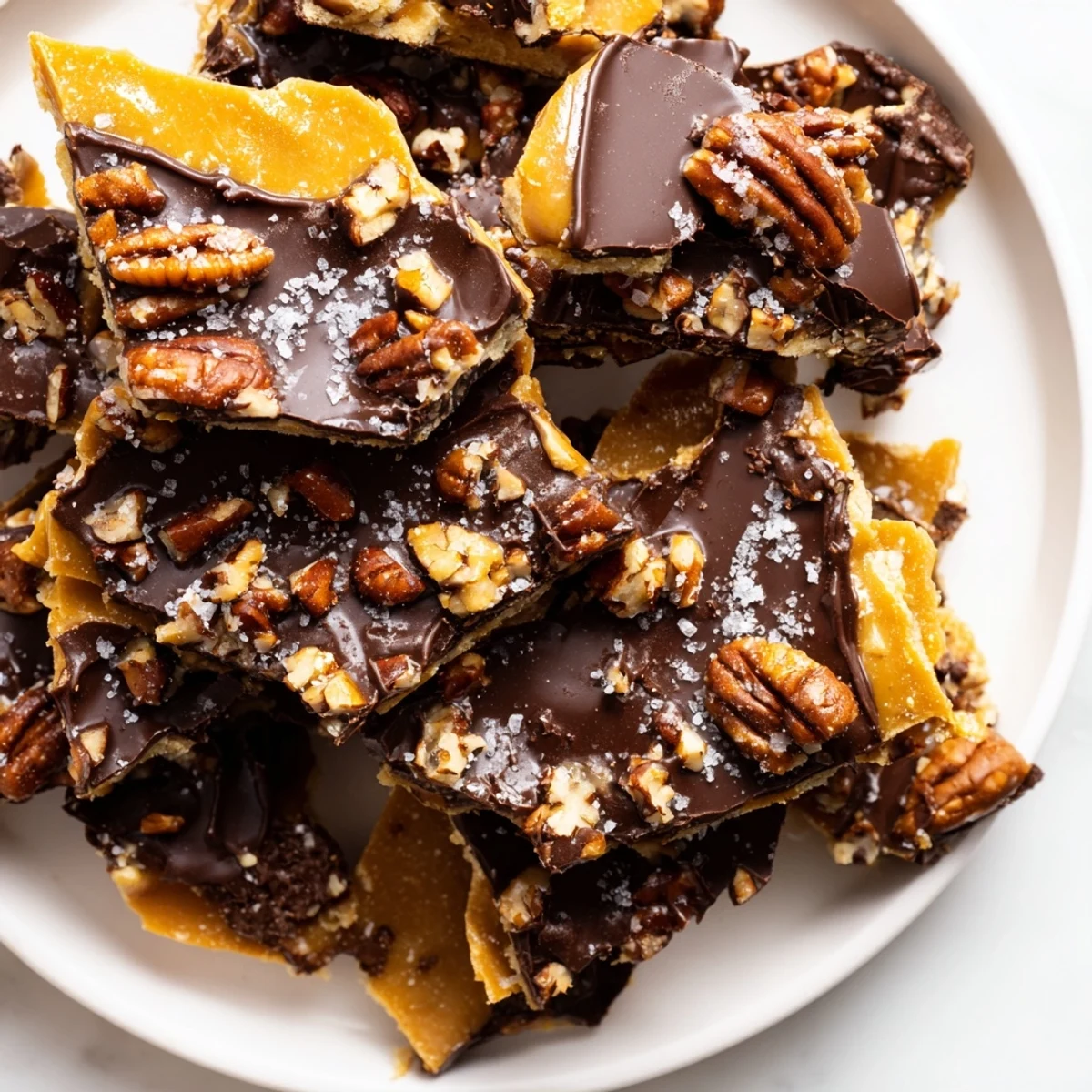 Buttery caramel pecan pie bark broken into golden irregular shareable pieces
