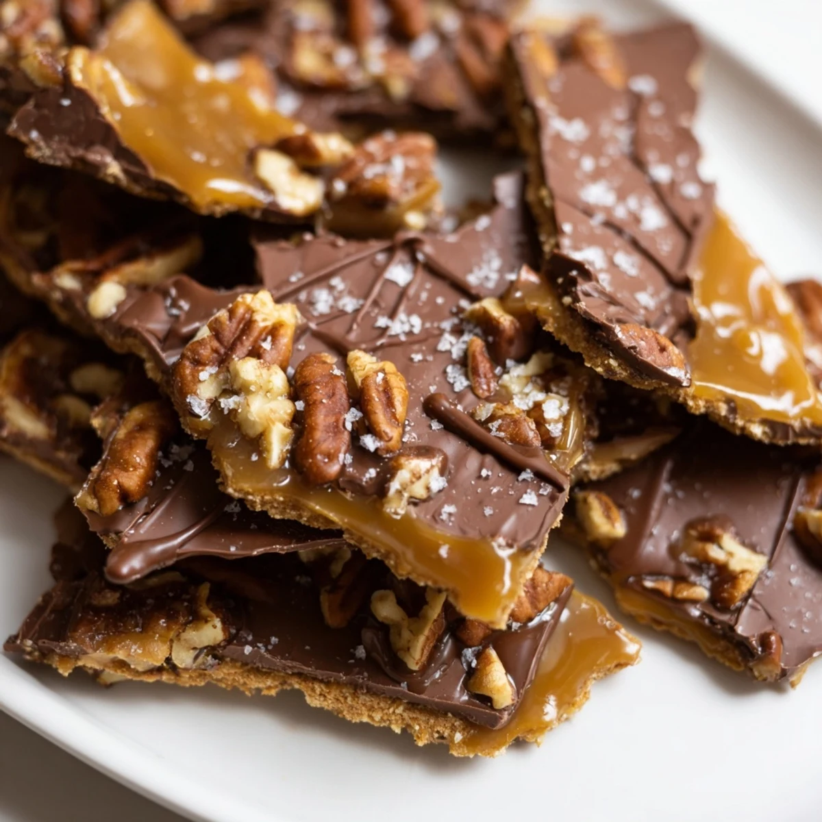 Decadent pecan pie bark drizzled with rich chocolate and sprinkled sea salt