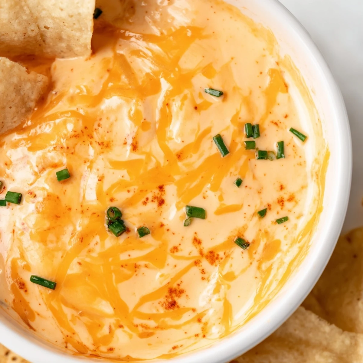 Warm creamy cheese dip in a bowl topped with fresh green chives