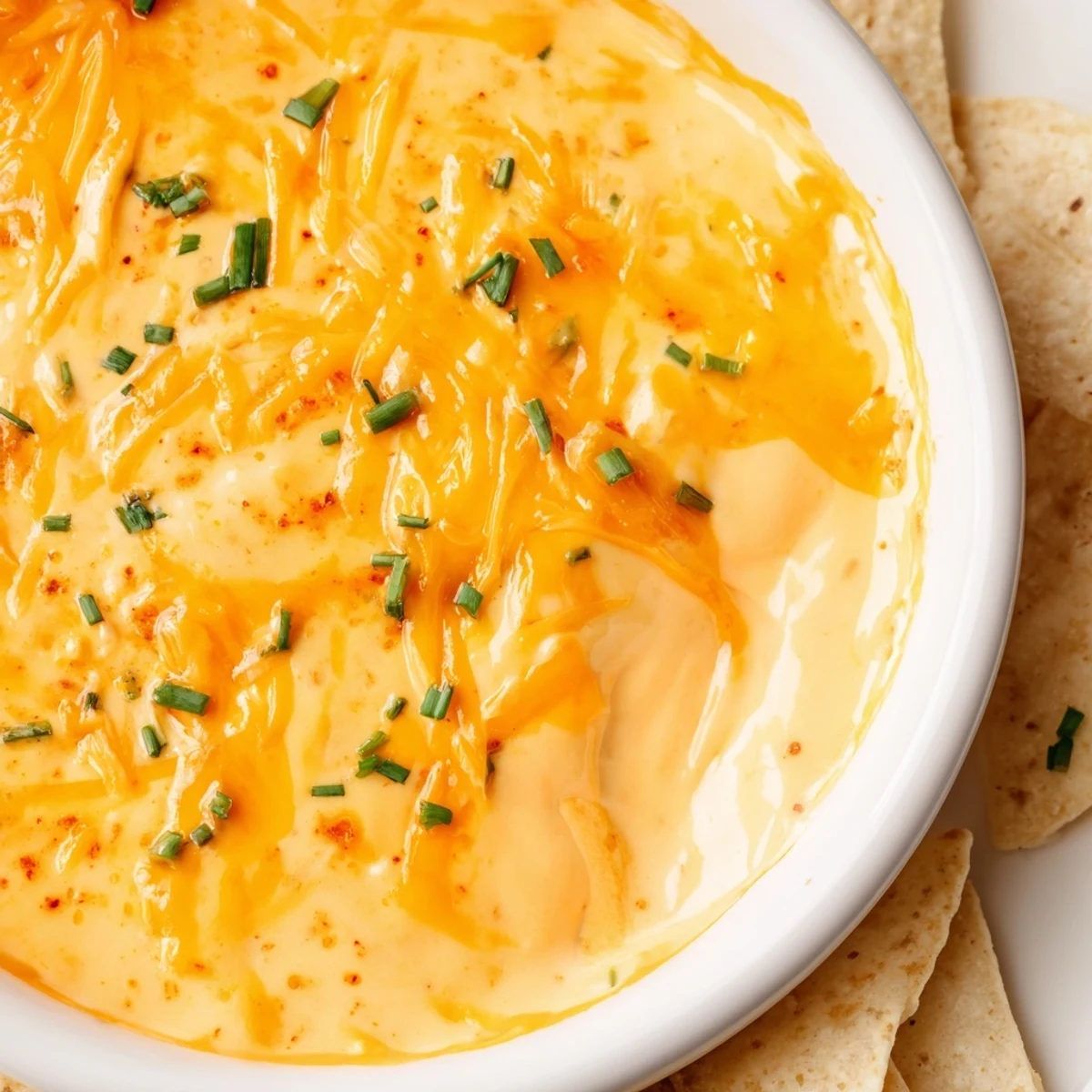 Melted cheddar cheese dip served with crispy tortilla chips for game night