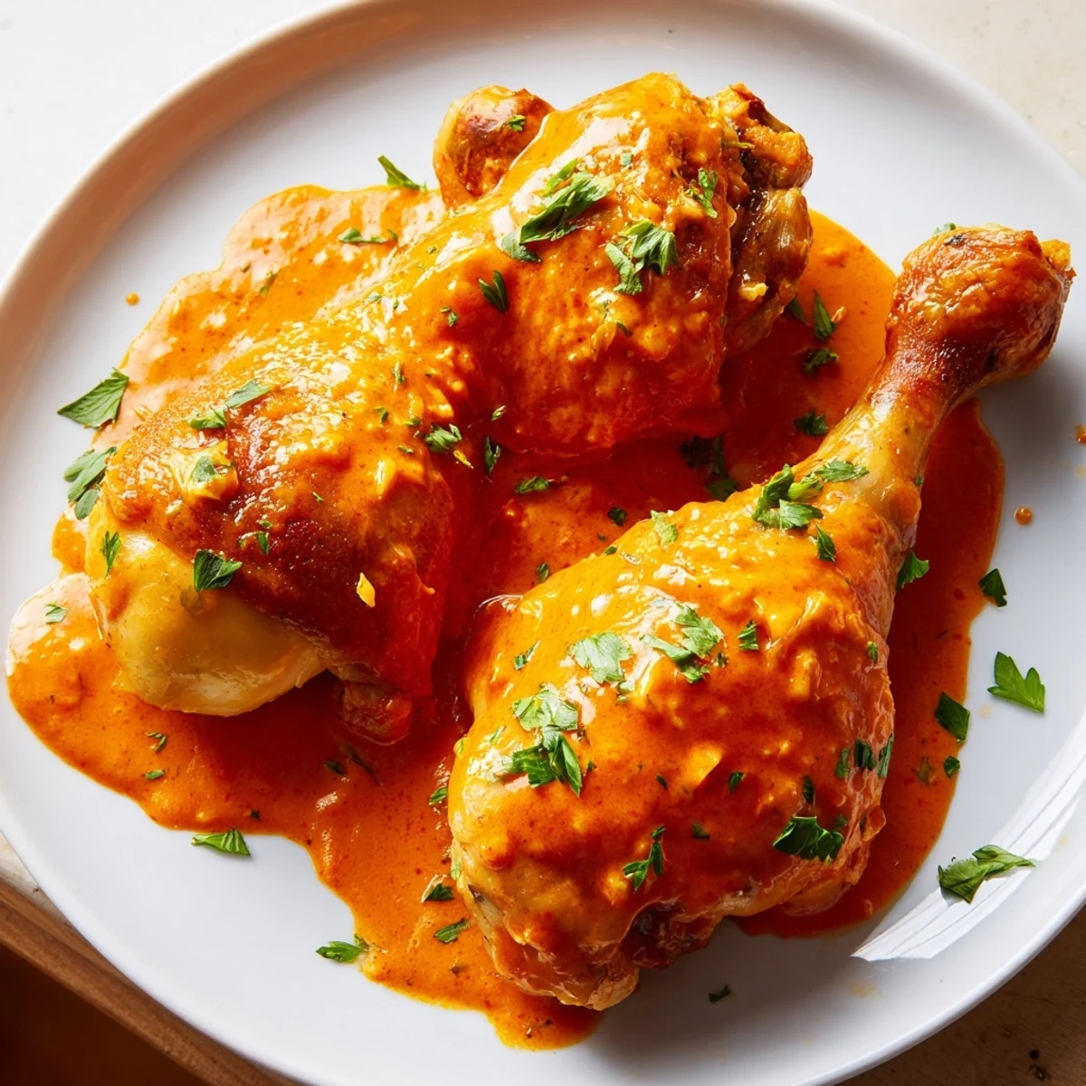 Golden creamy paprika chicken drumsticks glistening in a rich rust-colored sauce with fresh parsley garnish