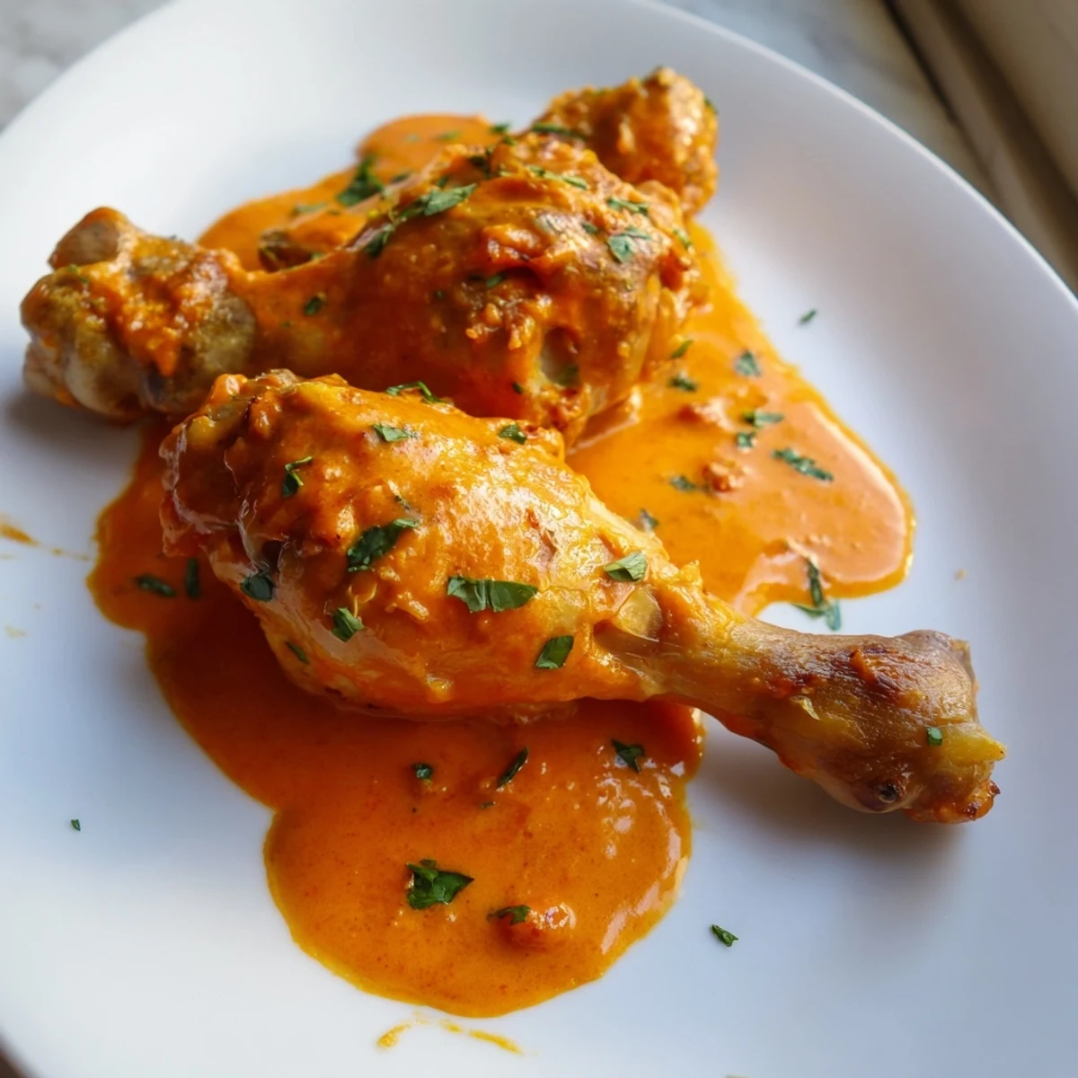 Juicy paprika chicken drumsticks nestled in a smooth, velvety cream sauce in a cast iron skillet