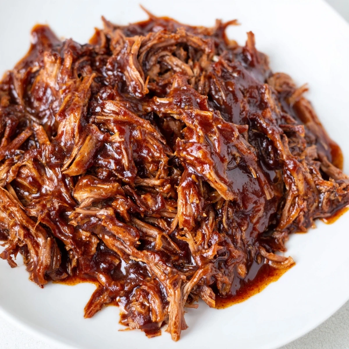 Tender shredded Slow Cooker BBQ Pulled Beef glistening with tangy sweet smoky sauce