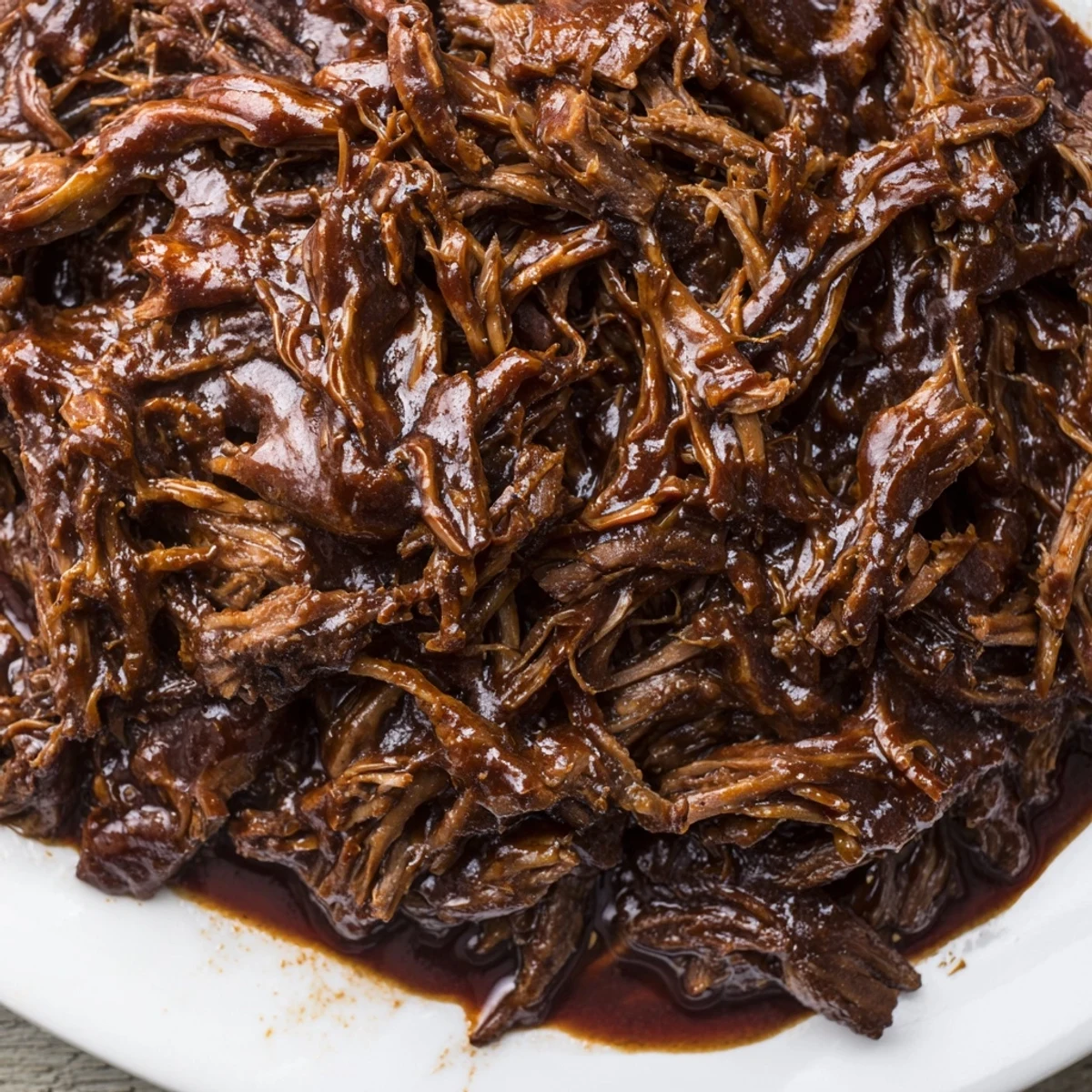 Slow Cooker BBQ Pulled Beef fork tender and coated in rich sticky barbecue glaze