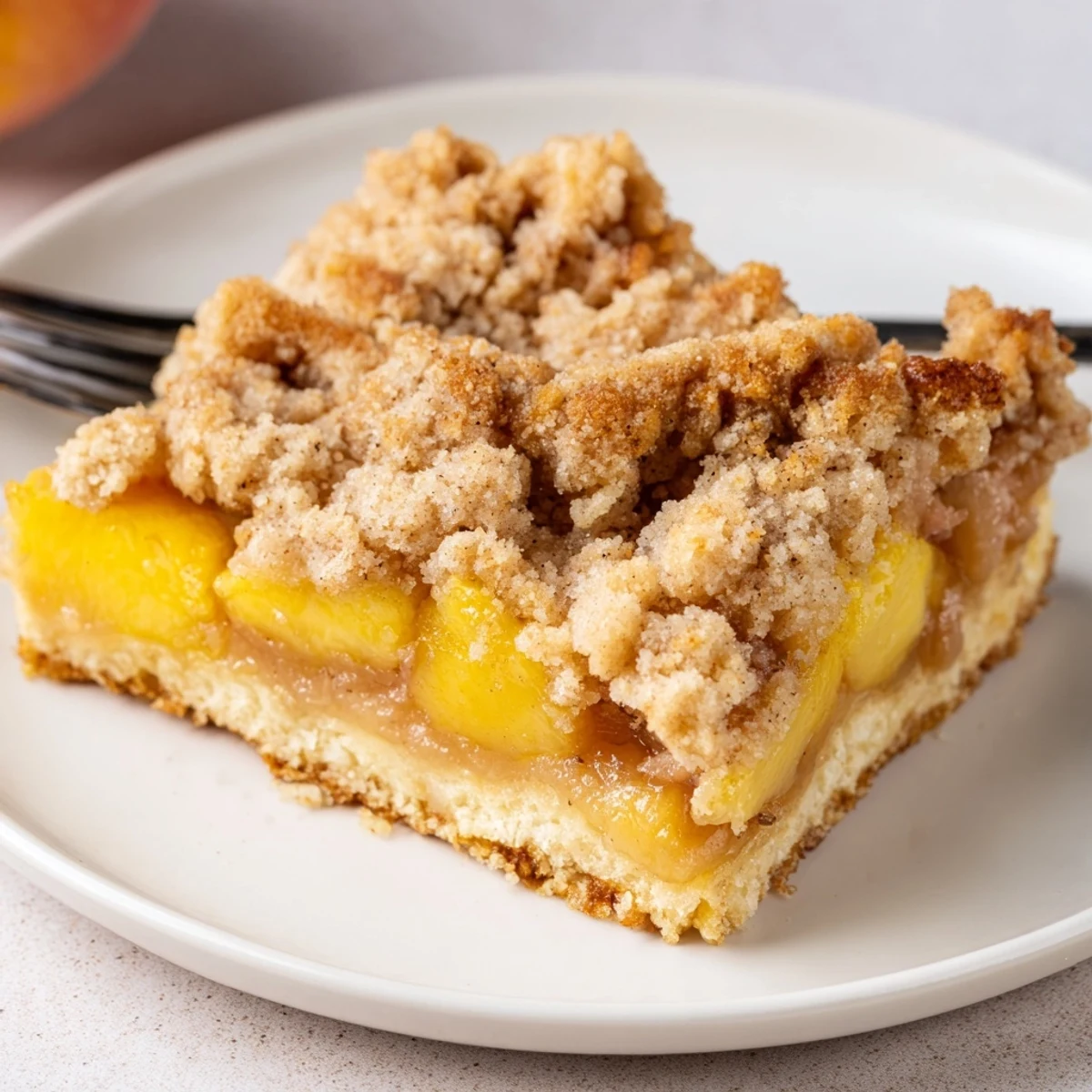 Golden sweet and buttery peach bars with cinnamon streusel cut into squares on a rustic plate