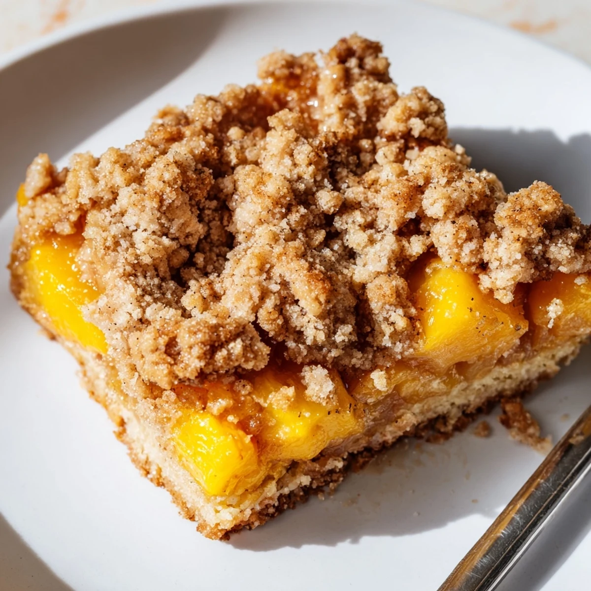 Warm sweet and buttery peach bars with cinnamon streusel bubbling under a crumbly golden topping