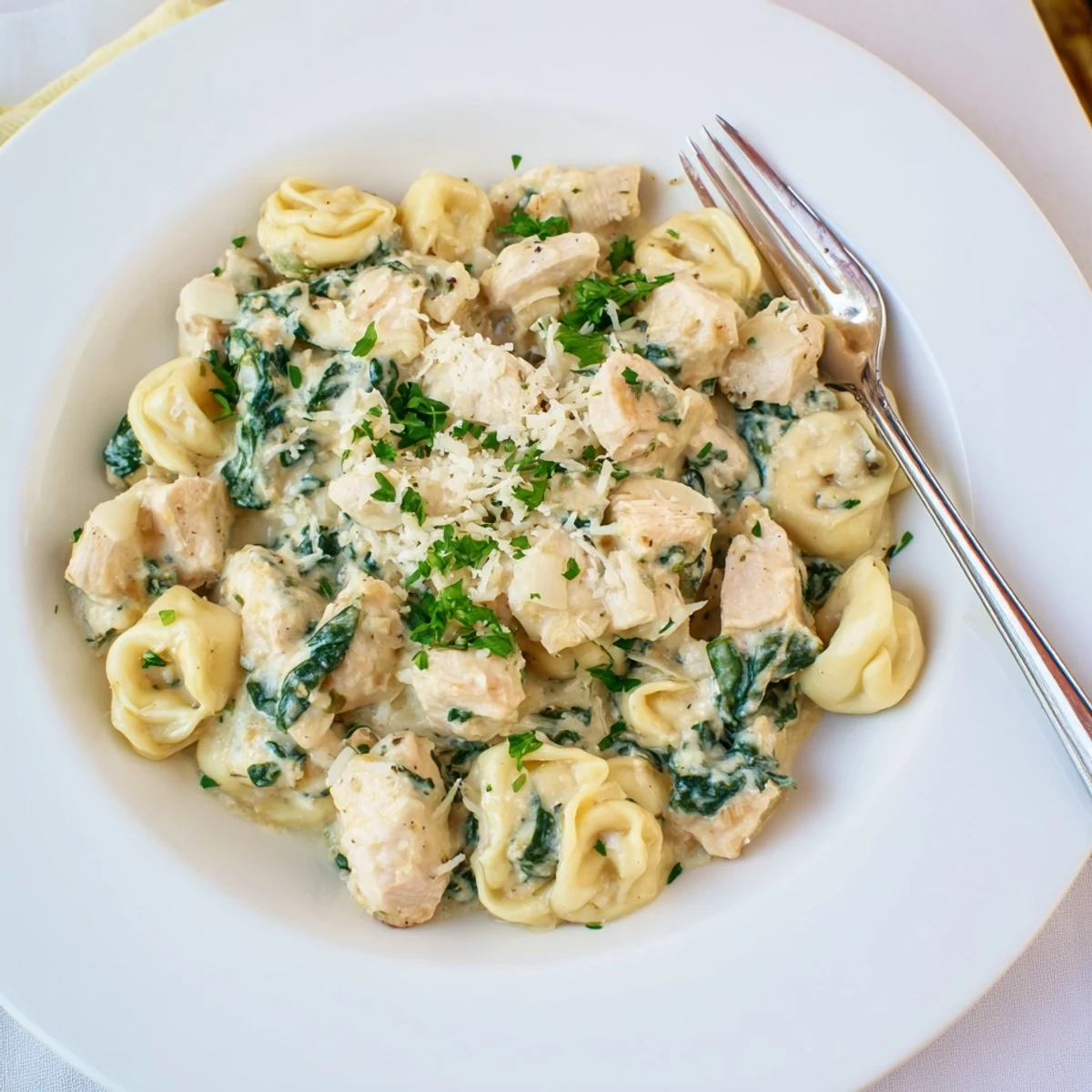 Creamy garlic chicken tortellini with wilted spinach topped with grated parmesan and fresh chopped parsley