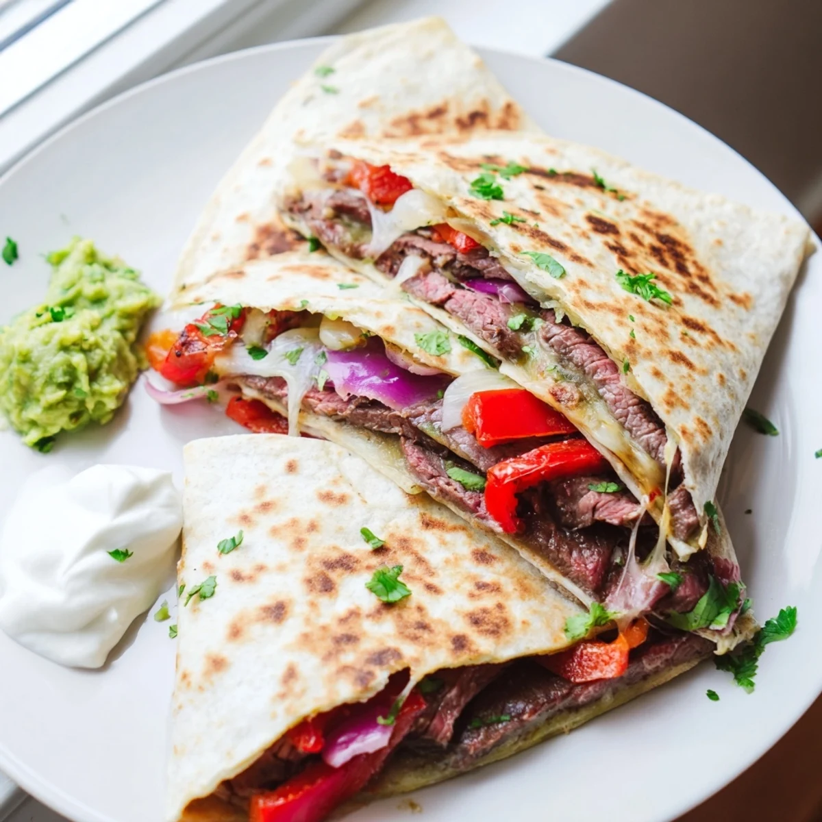 Golden crispy steak quesadillas filled with melted cheese and colorful bell peppers on a wooden board