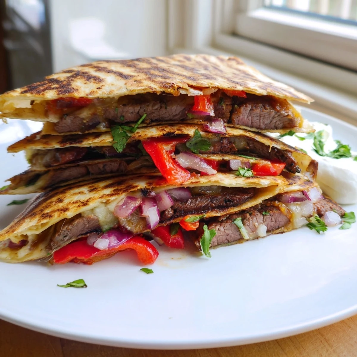 Sizzling steak quesadillas with jalapeño and cilantro served hot with sour cream for dipping