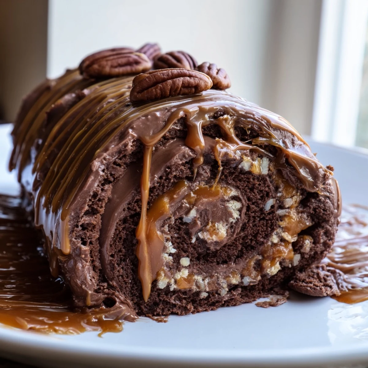 Gooey Chocolate Caramel Turtle Cake Roll sliced thick with glossy ganache dripping over the edges.