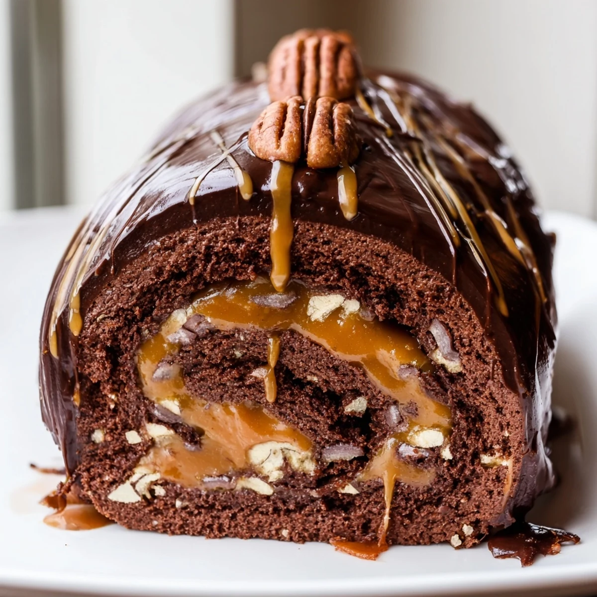 Swirled caramel and crunchy pecans top this indulgent gooey chocolate caramel turtle cake roll.