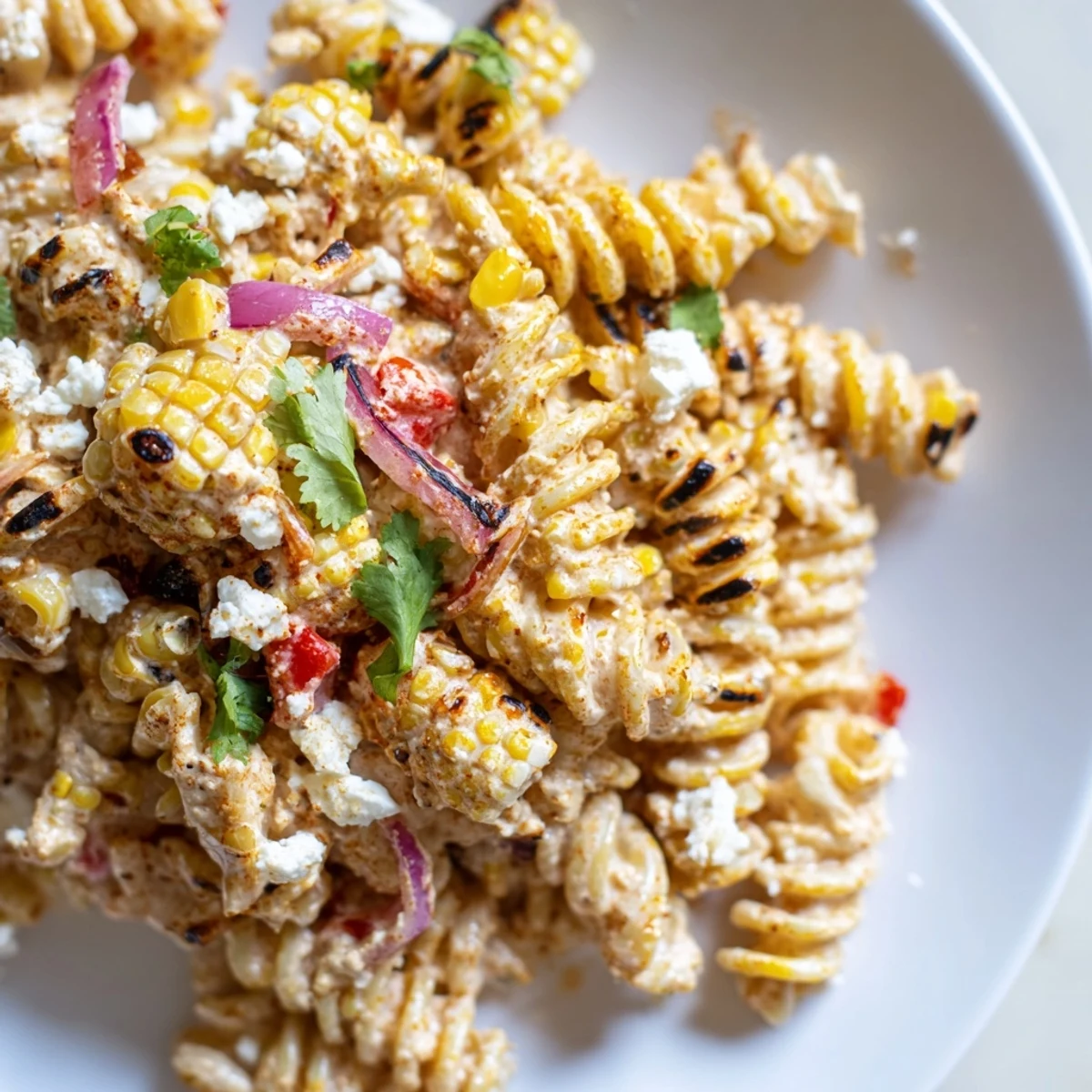 Creamy Elote Street Corn Pasta Salad topped with crumbled Cotija cheese and fresh cilantro