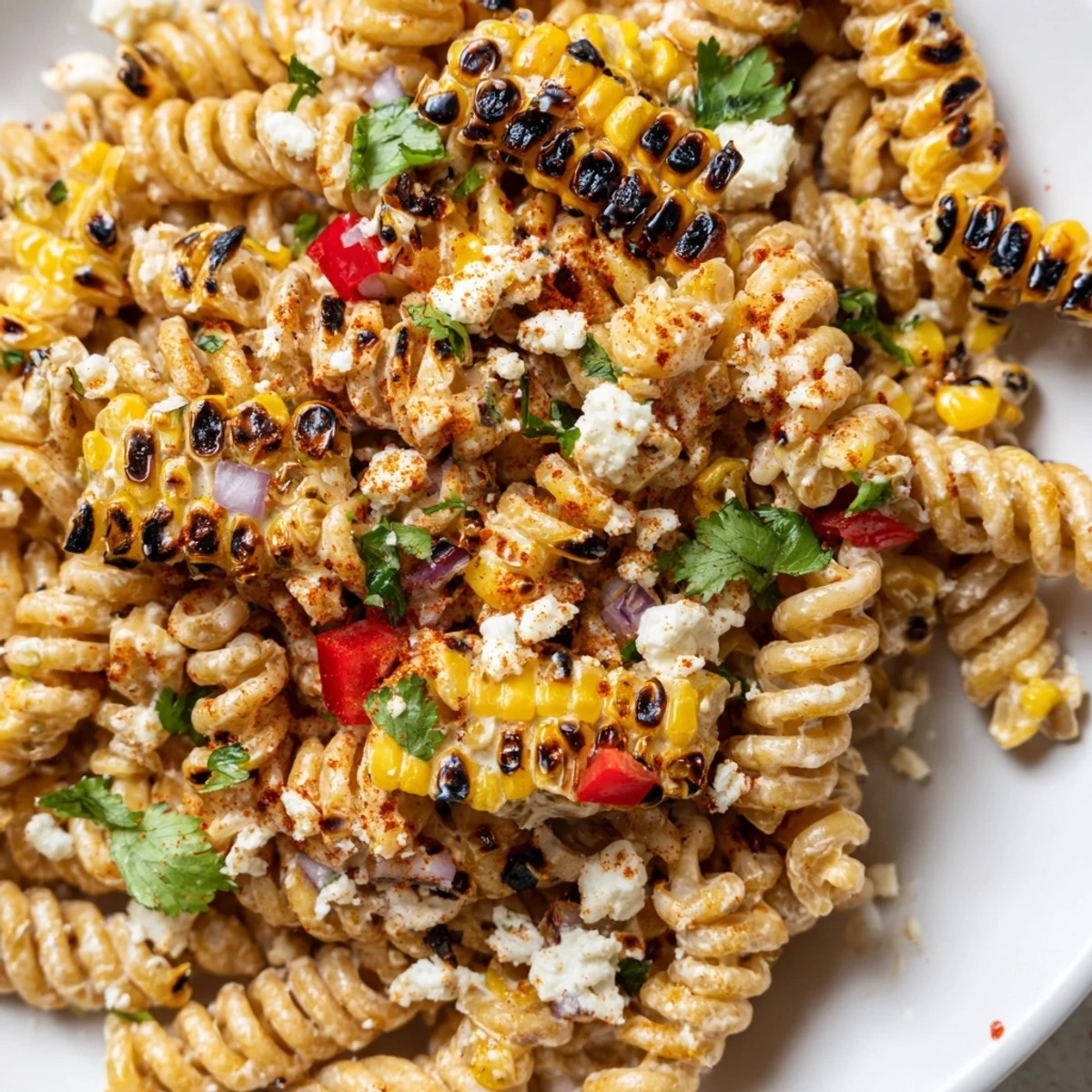 Charred corn and tender rotini tossed in a zesty chili-lime dressing in this Elote Street Corn Pasta Salad