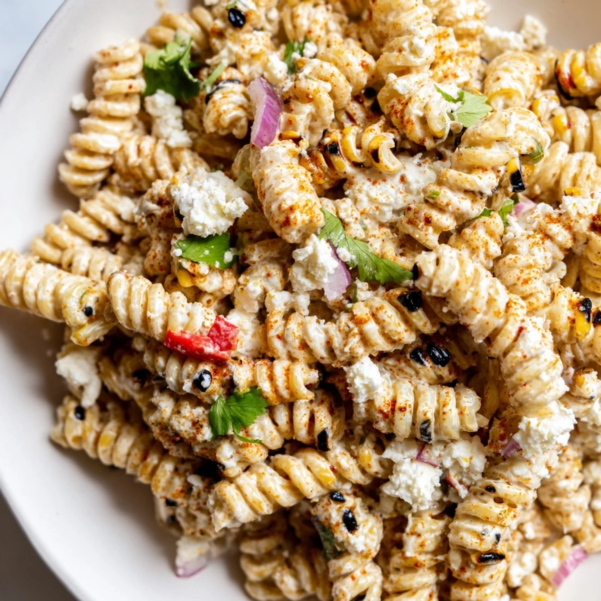 Vibrant Elote Street Corn Pasta Salad served in a bowl with lime wedges and a Tajín garnish