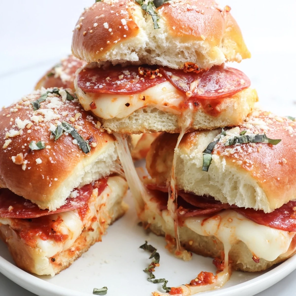 Golden Hot Honey Pepperoni Pizza Sliders with gooey melted mozzarella and spicy pepperoni slices