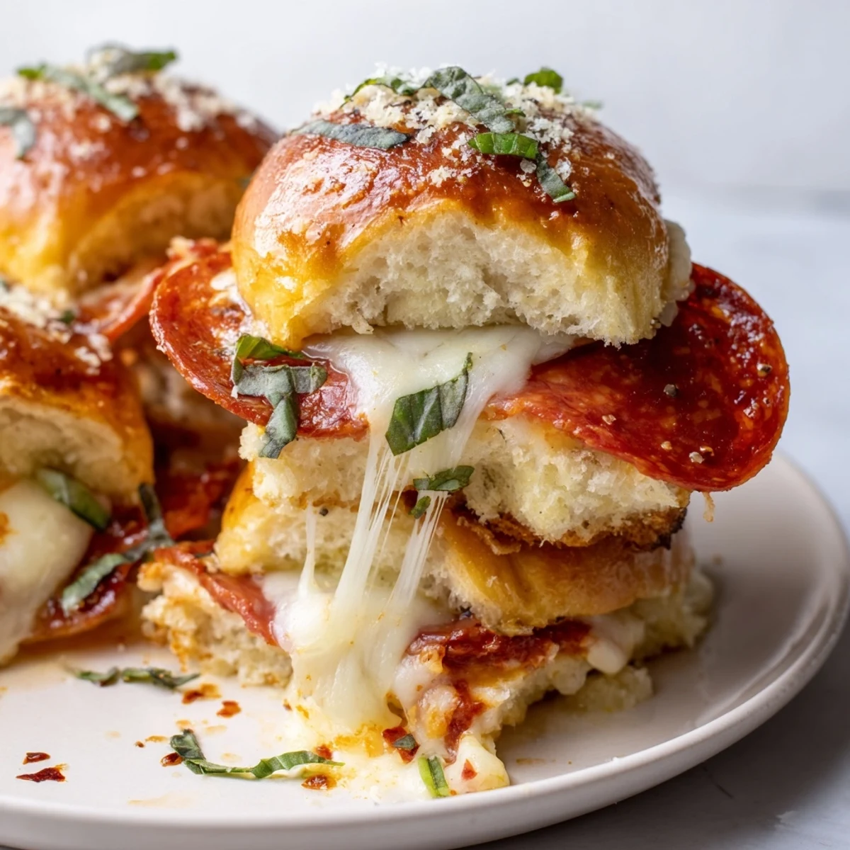 Crispy baked Hot Honey Pepperoni Pizza Sliders oozing with tangy pizza sauce and cheese