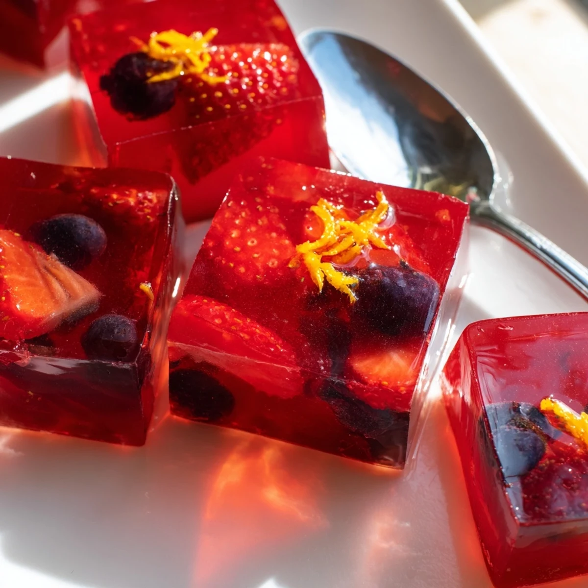 Glistening collagen fruit jellies in vibrant molds topped with fresh berries