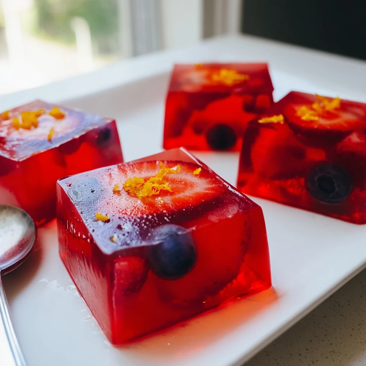 Colorful homemade collagen fruit jellies chilled and perfectly set in squares