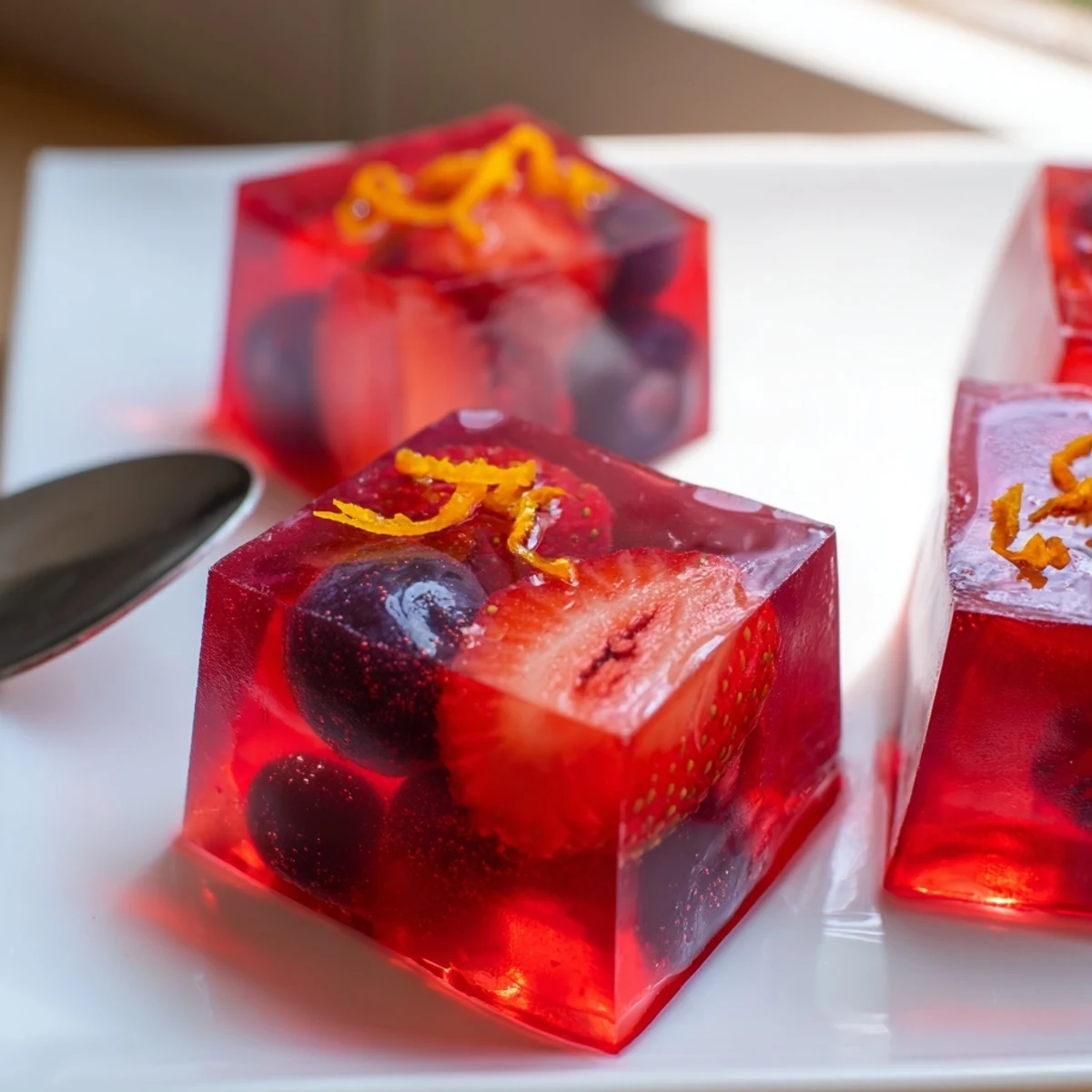 Translucent collagen fruit jellies garnished with citrus zest on a white plate