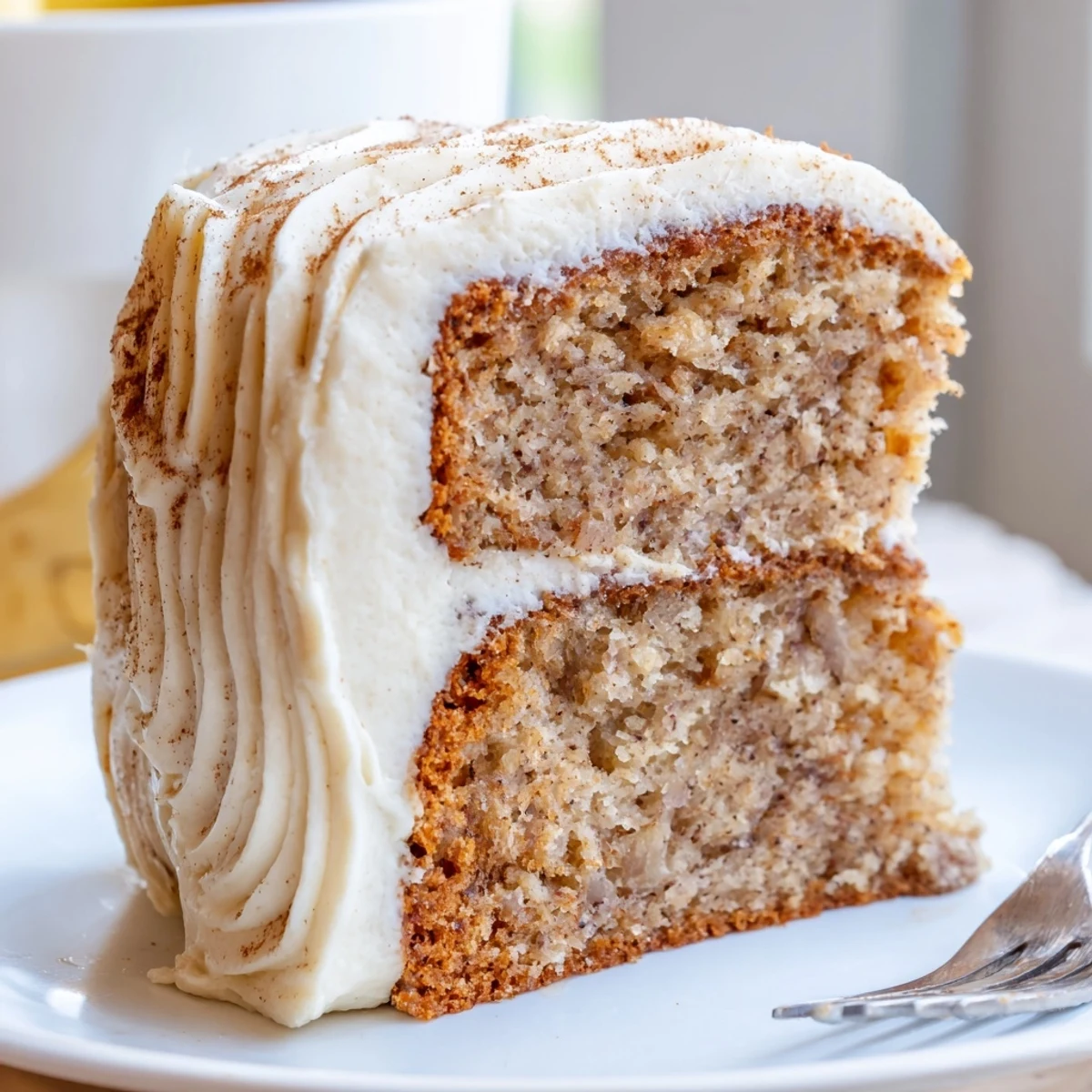 A golden Brown Butter Banana Cake topped with pillowy cream cheese frosting