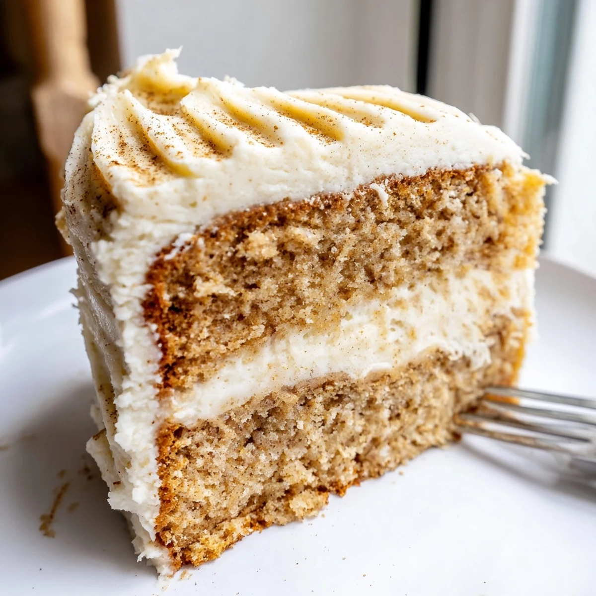 Warm slice of Brown Butter Banana Cake dripping with rich tangy frosting