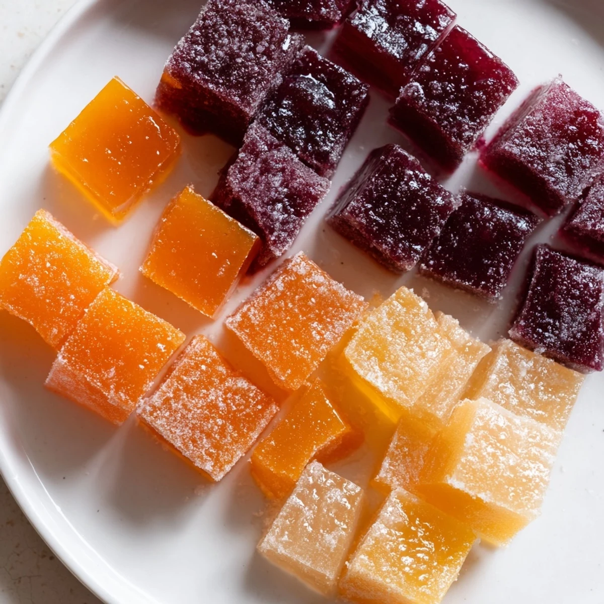 Vibrant collagen fruit jellies in assorted colors sit on a rustic wooden cutting board