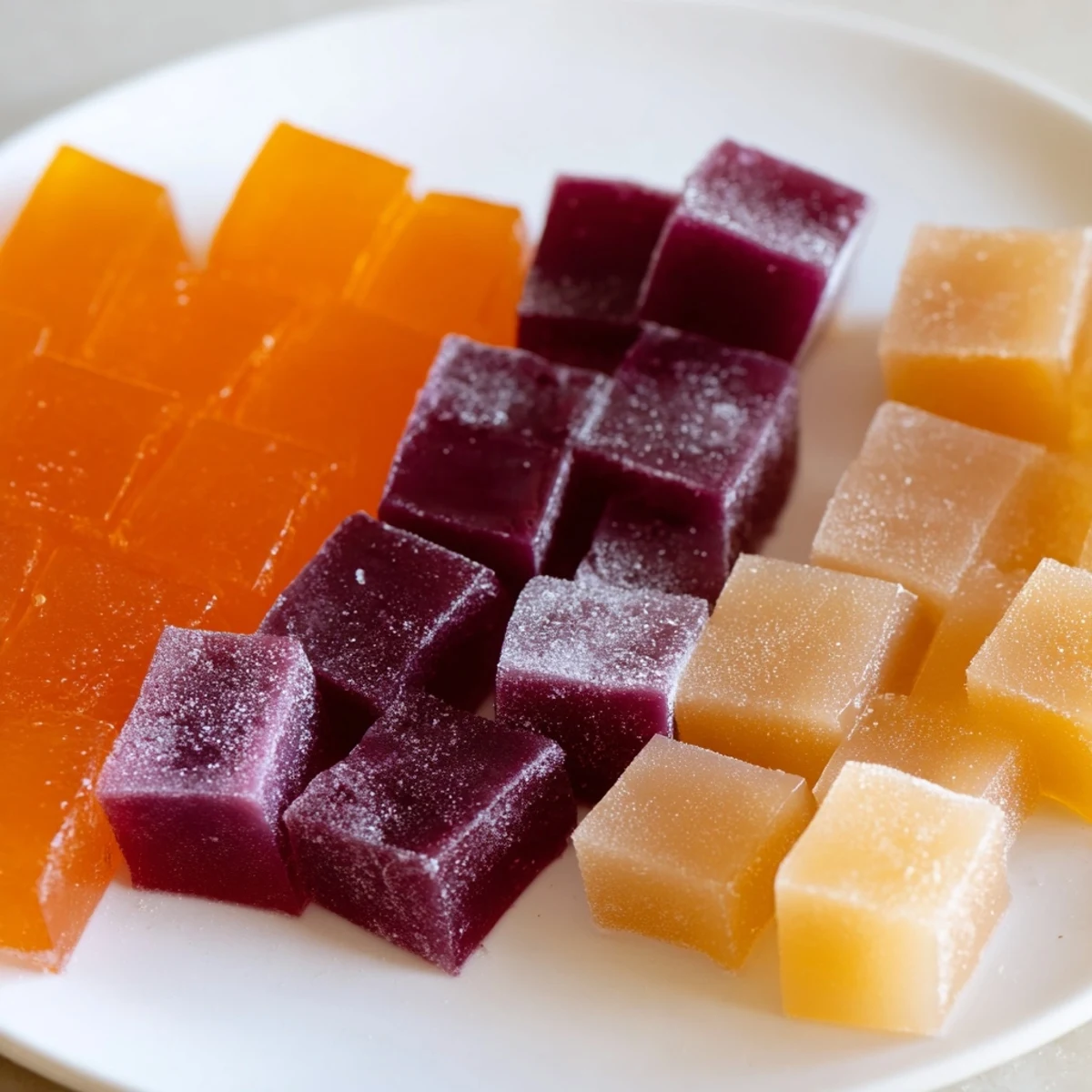 Ruby and orange collagen fruit jellies dusted with cornstarch arranged on parchment paper