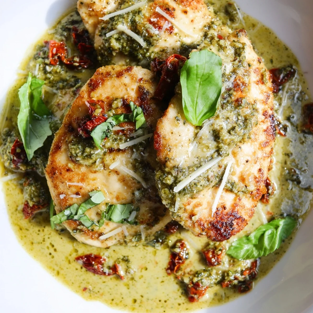 Creamy Marry Me Chicken Pesto in a golden skillet with sun-dried tomatoes and fresh basil