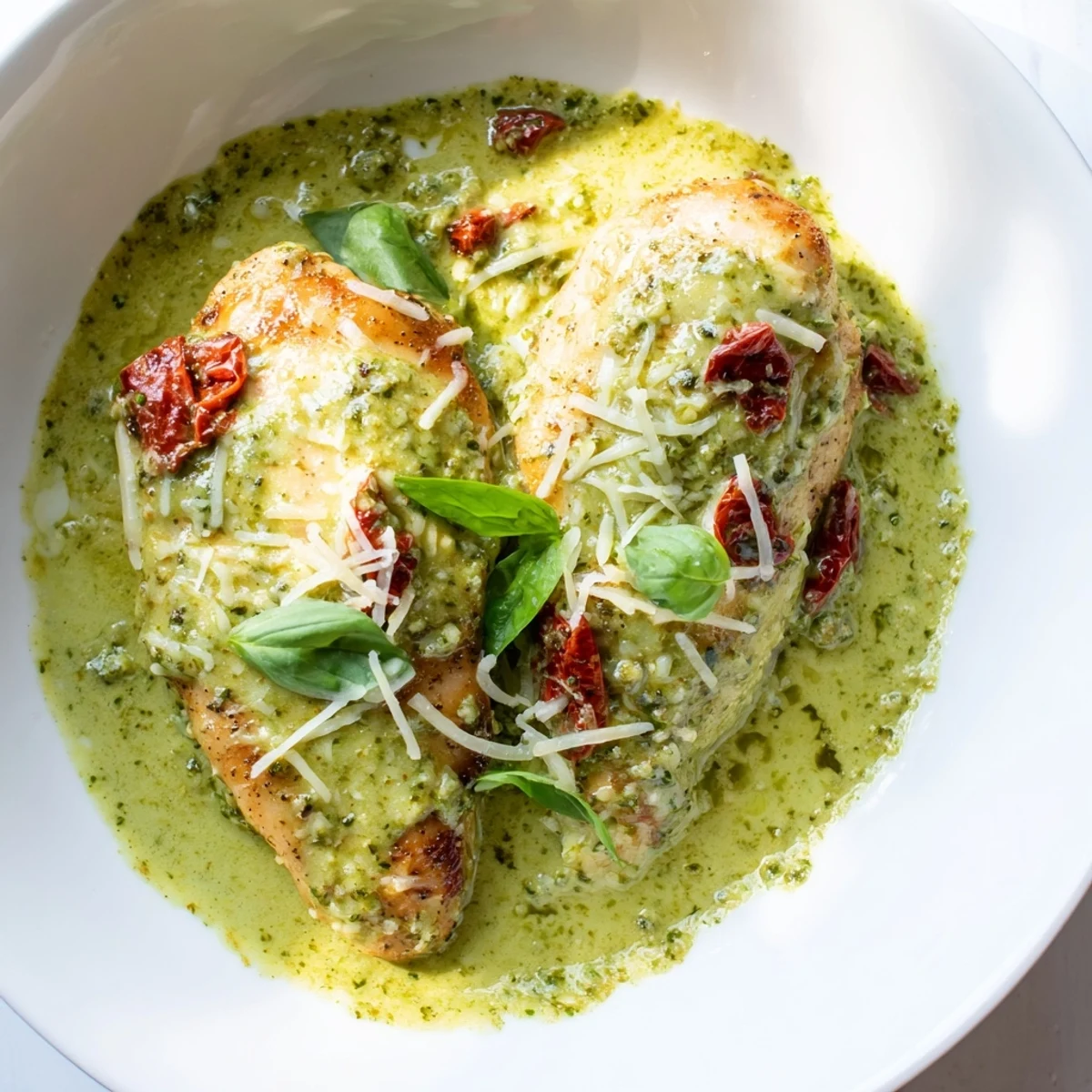 Juicy seared chicken breasts smothered in rich basil pesto cream sauce with Parmesan