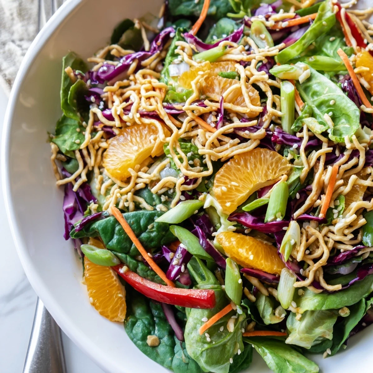 Mandarin Sesame Crunch Salad topped with golden toasted noodles and juicy orange segments