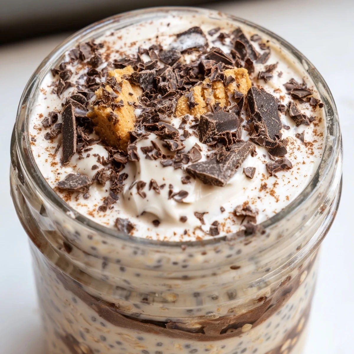 Creamy tiramisu overnight oats layered with mascarpone and topped with cocoa dusting