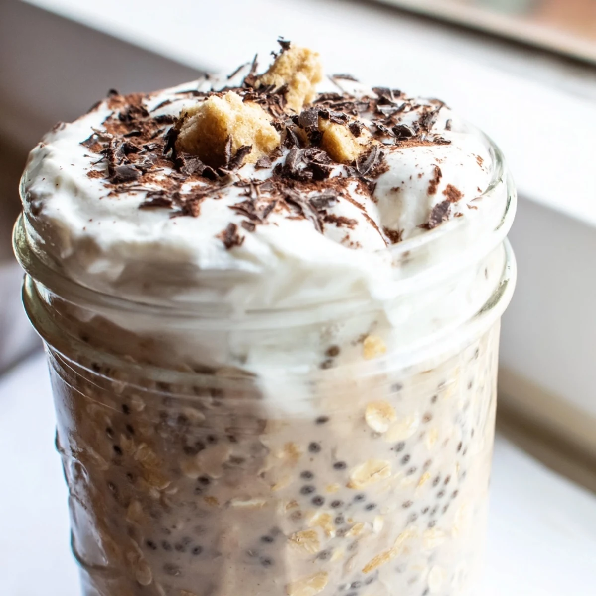 Velvety tiramisu overnight oats swirled with sweet mascarpone cream and dark chocolate bits
